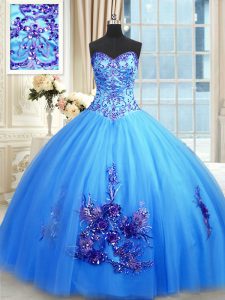 Blue Sleeveless Floor Length Beading and Appliques and Embroidery Lace Up Vestidos de Quinceanera