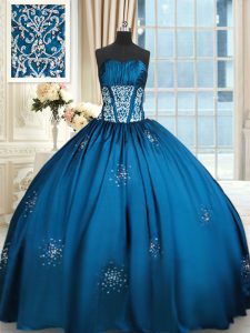 Strapless Sleeveless Lace Up Quinceanera Dresses Blue and Teal Taffeta