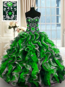 Sleeveless Organza Floor Length Lace Up Quince Ball Gowns in Multi-color with Beading and Ruffles