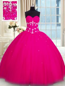 Trendy Fuchsia Tulle Lace Up Sweetheart Sleeveless Floor Length 15th Birthday Dress Beading