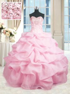 Sleeveless Floor Length Beading and Ruffles Lace Up Quinceanera Gowns with Pink