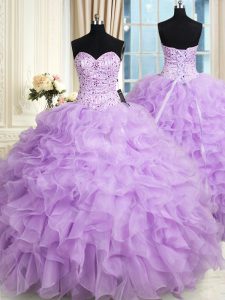 Stylish Lilac Sweetheart Neckline Beading and Ruffles Ball Gown Prom Dress Sleeveless Lace Up