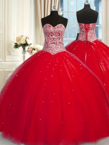 Sequins Ball Gowns Quinceanera Gowns Red Halter Top Tulle Sleeveless Lace Up
