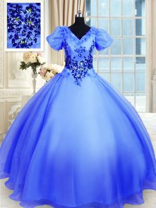 Hot Selling Short Sleeves Lace Up Floor Length Appliques Sweet 16 Quinceanera Dress