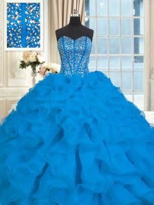 Ideal Blue Ball Gowns Organza Sweetheart Sleeveless Beading and Ruffles With Train Lace Up Sweet 16 Dresses Brush Train