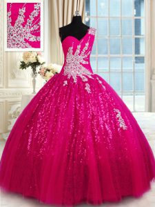 Discount Hot Pink Ball Gowns One Shoulder Sleeveless Tulle and Sequined Floor Length Lace Up Appliques Vestidos de Quinc