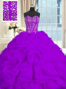 Eggplant Purple Lace Up Quinceanera Dresses Beading and Ruffles Sleeveless With Brush Train