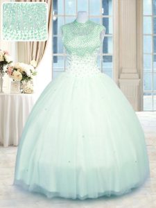 Colorful High-neck Sleeveless Quinceanera Gown Floor Length Beading Apple Green Tulle