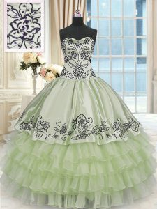 Sleeveless Floor Length Beading and Embroidery and Ruffled Layers Lace Up Quinceanera Dress with Yellow Green