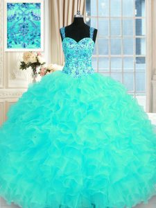Elegant Aqua Blue Sleeveless Organza Lace Up Quinceanera Dresses for Military Ball and Sweet 16 and Quinceanera