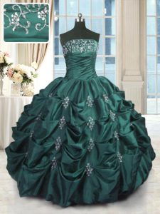 Custom Made Peacock Green Strapless Lace Up Beading and Appliques and Embroidery and Pick Ups Sweet 16 Quinceanera Dress