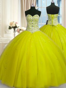 Yellow Green Tulle Lace Up Quince Ball Gowns Sleeveless Floor Length Beading and Sequins