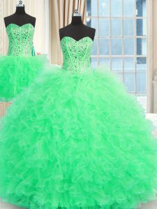 Three Piece Floor Length Apple Green Sweet 16 Dresses Strapless Sleeveless Lace Up
