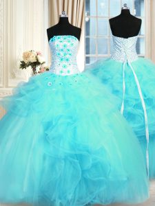 Superior Pick Ups Strapless Sleeveless Lace Up 15 Quinceanera Dress Aqua Blue Tulle