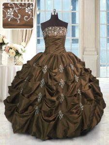 Flare Pick Ups Strapless Sleeveless Lace Up Quince Ball Gowns Chocolate Taffeta