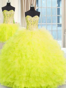 Three Piece Sleeveless Floor Length Beading and Ruffles Lace Up Quinceanera Gown with Yellow