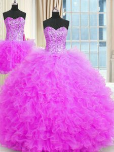 Fine Three Piece Lilac Ball Gowns Tulle Strapless Sleeveless Beading and Ruffles Floor Length Lace Up Ball Gown Prom Dre