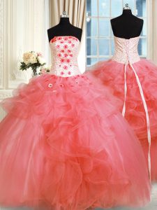Modern Pick Ups Floor Length Watermelon Red Quinceanera Dresses Strapless Sleeveless Lace Up