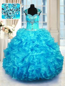 Aqua Blue Cap Sleeves Floor Length Beading and Ruffles Lace Up 15th Birthday Dress