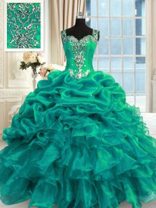 Straps Sleeveless Organza Vestidos de Quinceanera Beading and Ruffles and Pick Ups Lace Up
