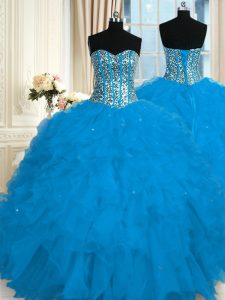 Perfect Blue Lace Up Sweet 16 Dresses Beading and Ruffles Sleeveless Floor Length