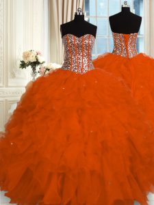 Red Ball Gowns Sweetheart Sleeveless Organza Floor Length Lace Up Beading and Ruffles Sweet 16 Quinceanera Dress