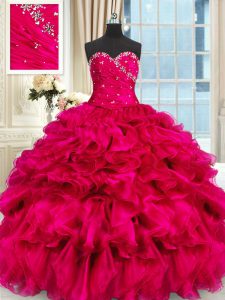 Floor Length Lace Up Ball Gown Prom Dress Hot Pink for Military Ball and Sweet 16 and Quinceanera with Beading and Ruffl
