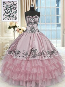 Organza and Taffeta Sweetheart Sleeveless Lace Up Beading and Embroidery and Ruffled Layers Sweet 16 Dress in Pink