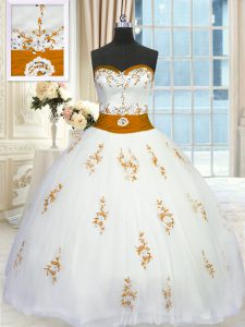 On Sale Tulle Sleeveless Floor Length 15th Birthday Dress and Appliques and Belt