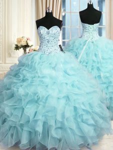 Sumptuous Aqua Blue Organza Lace Up Sweetheart Sleeveless Floor Length 15th Birthday Dress Beading and Ruffles