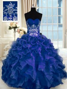Trendy Navy Blue Ball Gowns Organza Sweetheart Sleeveless Beading and Appliques and Ruffles Floor Length Lace Up Quincea