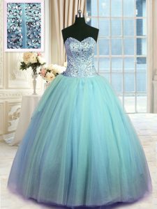 Sweetheart Sleeveless Quinceanera Dresses Floor Length Beading and Ruching Light Blue Organza