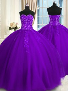 Traditional Sleeveless Floor Length Appliques Lace Up Quinceanera Dresses with Purple