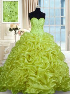 Luxurious Olive Green Ball Gowns Sweetheart Sleeveless Organza With Train Sweep Train Lace Up Beading and Pick Ups Sweet