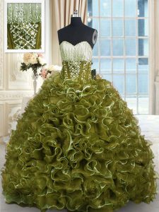 Flirting Olive Green Lace Up 15 Quinceanera Dress Beading and Ruffles Sleeveless With Brush Train