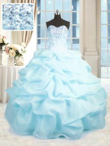 Flirting Sleeveless Floor Length Beading and Ruffles Lace Up Sweet 16 Dresses with Baby Blue