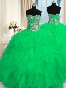 Turquoise Lace Up Sweetheart Beading and Ruffles Quinceanera Gowns Organza Sleeveless