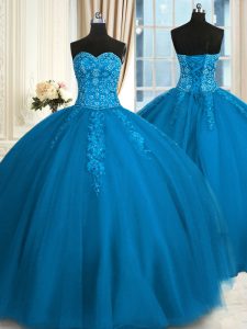Free and Easy Teal Tulle Lace Up Sweet 16 Dresses Sleeveless Floor Length Appliques and Embroidery