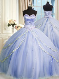 With Train Zipper Quinceanera Gown Lavender for Military Ball and Sweet 16 and Quinceanera with Beading and Appliques Br