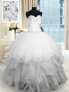 Classical White Lace Up 15th Birthday Dress Beading and Ruffles Sleeveless Floor Length