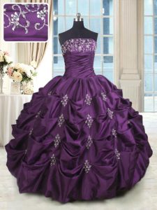 Nice Beading and Appliques and Embroidery and Pick Ups Ball Gown Prom Dress Dark Purple Lace Up Sleeveless Floor Length