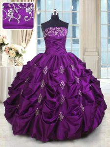 Beautiful Eggplant Purple Strapless Neckline Beading and Appliques and Embroidery and Pick Ups Quinceanera Gown Sleevele