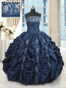 Navy Blue Ball Gowns Strapless Sleeveless Taffeta Floor Length Lace Up Beading and Pick Ups Ball Gown Prom Dress