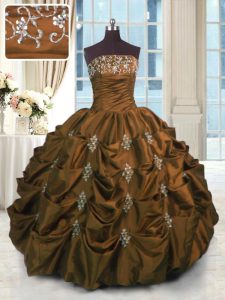 Brown Quinceanera Gowns Military Ball and Sweet 16 and Quinceanera and For with Beading and Pick Ups Strapless Sleeveles