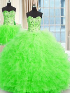Three Piece Ball Gowns Strapless Sleeveless Tulle Floor Length Lace Up Beading and Ruffles 15th Birthday Dress