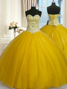 Gold Sweetheart Neckline Beading and Sequins 15th Birthday Dress Sleeveless Lace Up