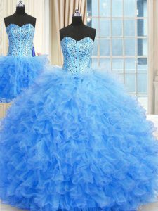 Three Piece Baby Blue Sleeveless Tulle Lace Up Vestidos de Quinceanera for Military Ball and Sweet 16 and Quinceanera