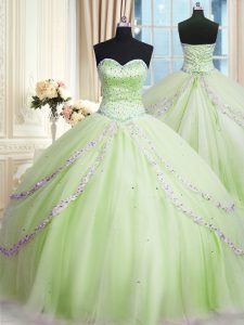 Vintage Sweetheart Sleeveless Tulle 15th Birthday Dress Beading and Appliques Court Train Lace Up