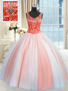 Multi-color Ball Gowns Tulle V-neck Sleeveless Beading and Sequins Floor Length Lace Up 15th Birthday Dress