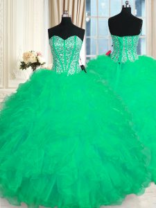 Turquoise Lace Up 15th Birthday Dress Beading and Ruffles Sleeveless Floor Length